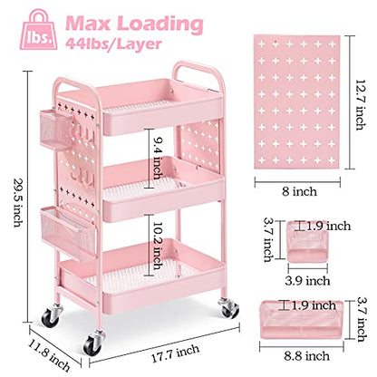 TOOLF 3-Tier Rolling Cart, Metal Utility Storage Cart with DIY Pegboards, Art Craft Trolley with Baskets Hooks, Organizer Serving Cart Easy Assemble for Office, Home, Kitchen, Classroom (Pink) - color: Pink