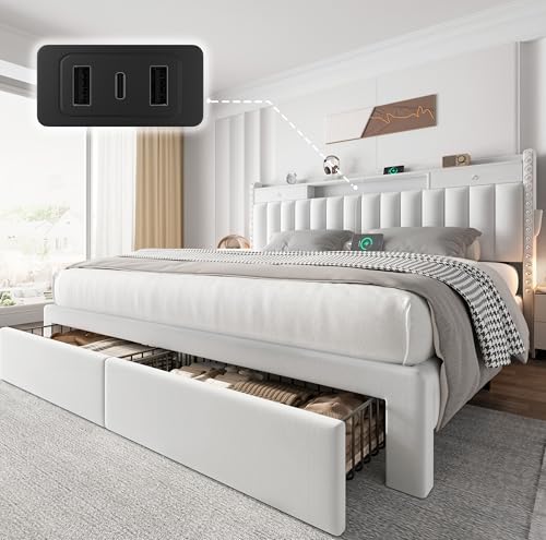 CypBed King Size Bed Frame with 4 Storage Drawers and Headboard & White | Velvet Upholstered Platform Bed Frame,3 USB & Type-C Charging Ports, Solid Wood Slats, No Box Spring Needed, No-Noise, Gifts - color: White, size: King
