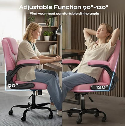 Ergonomic Office Chair, Mid Back Executive PU Leather Desk Chair with 3.5" Dual-Layer Cushion, Flip-up Armrests, Swivel Rolling Wheels, Adjustable Height, Pink - color: Pink