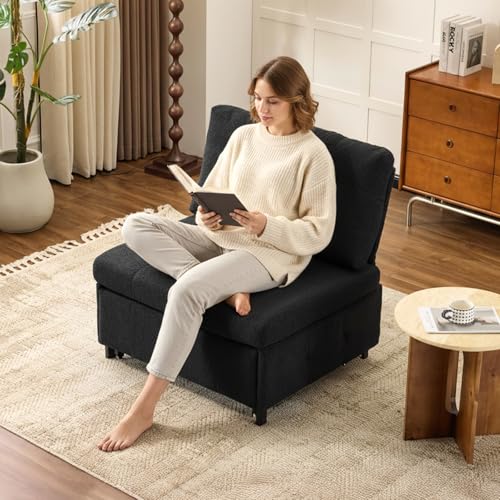 VINGLI Convertible Sofa Bed Tufted Teddy Fleece Sleeper Chair Bed Couch Armless Living Room Chairs with Adjustable Backrest Pull Out Couch Bed for Small Spaces - color: Black