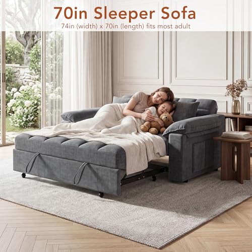 Vipbear Sleeper Sofa Bed, 70" Pull Out Futon Couch with Small Table| USB Port | Side Pockets | Tool-Free Assembly | Adjustable Backrest for Apartment, Office, Guest Room, Chenille Gray - color: Grey