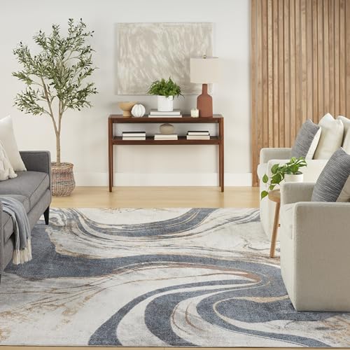 Nourison Home Astra Machine Washable Ivory Blue 6'7" x 9' Area Rug - Easy Clean, Non Shedding, Bed Room, Living Room, Dining Room, Kitchen (7' x 9') - color: Ivory Blue, size: 6'7" x 9' (Rectangular)