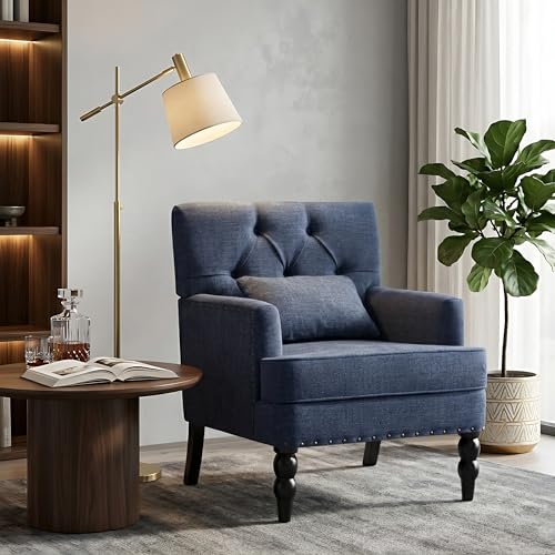 HUIMO Accent Chair, Tufted Upholstered Club Chair, Indigo Blue | Tufted upholstered club chair with lumbar pillow and solid wood legs. Suitable for living rooms, bedrooms, and reading nooks. - color: Blue