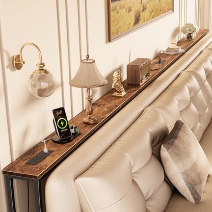Huuger 141.7 Inch Sofa Table with Power Outlets, Skinny Behind Couch Table | 5.9 Inch Narrow Entryway Table, Extra-Long Console Table, Behind the Couch Table with Outlet for Living Room, Rustic Brown - color: Rustic Brown, size: 5.9"D × 141.7"W × 29.7"H
