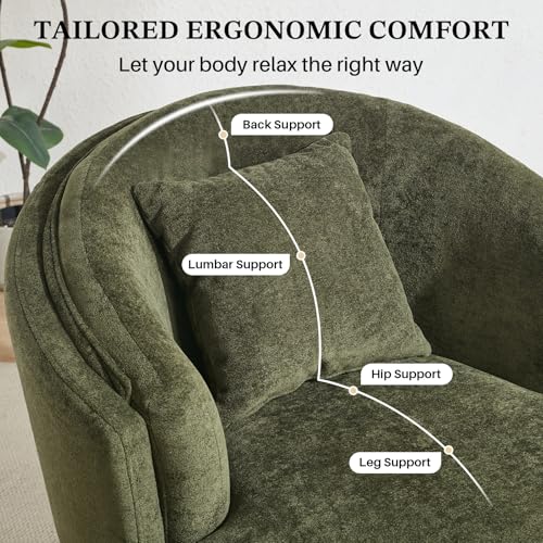 Swivel Accent Chair, Widened Round Barrel Chair with Pillow | Wide Padded Seat, Upholstered Polyester, Silent 360° Swivel Barrel Armchair for Living Room Bedroom Reading Nook, Green - color: Green