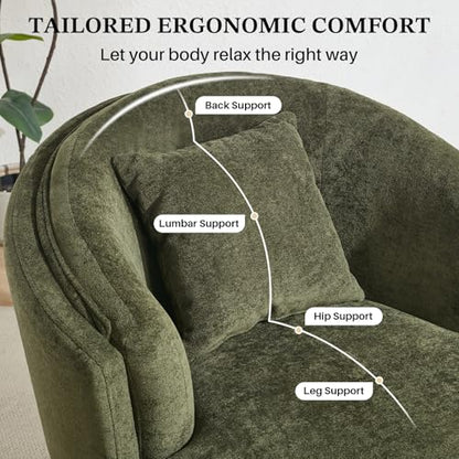Swivel Accent Chair, Widened Round Barrel Chair with Pillow | Wide Padded Seat, Upholstered Polyester, Silent 360° Swivel Barrel Armchair for Living Room Bedroom Reading Nook, Green - color: Green