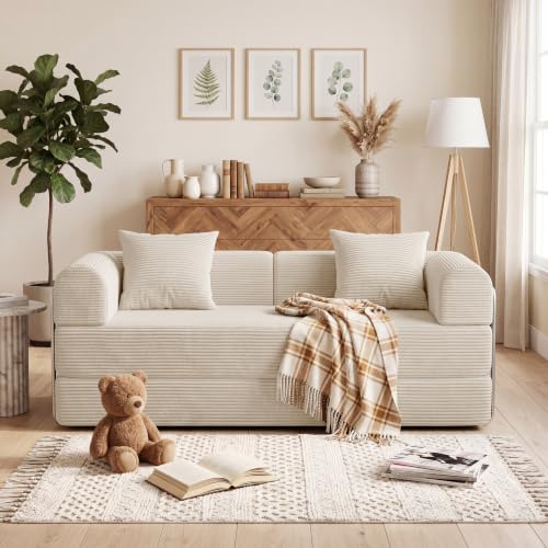 59'' Convertible Compressed Corduroy Folding Cloud Sofa Bed, Modern Boneless Pull Out Loveseat Sleeper in a Box, 4 in 1 Floor Mattress Futon Fluffy Couch, No Assembly Needed, Beige, 2 Pillows, Full - color: Bg, size: 59''