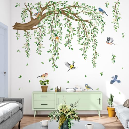decalmile Tree Branch Hanging Vine Green Leaf Wall Decals Stickers (XL) - style: Green Tree