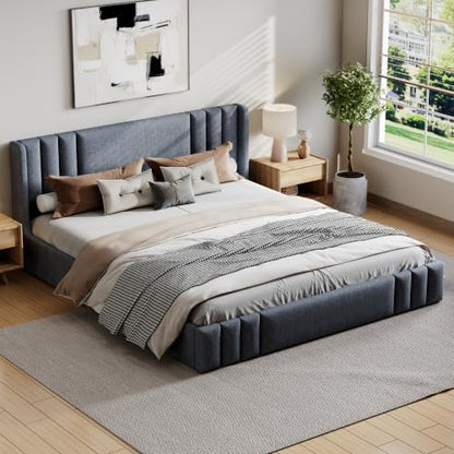 VilroCaz Queen Size Linen Upholstered Platform Bed Frame with Thick Fabric Headboard, No Box Spring Needed (Gray-6.17, Queen) - color: Gray-6.17, size: Queen
