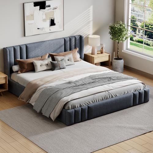 VilroCaz King Size Linen Upholstered Platform Bed Frame with Thick Fabric Headboard, No Box Spring Needed (Gray-6.17, King) - color: Gray-6.17, size: King