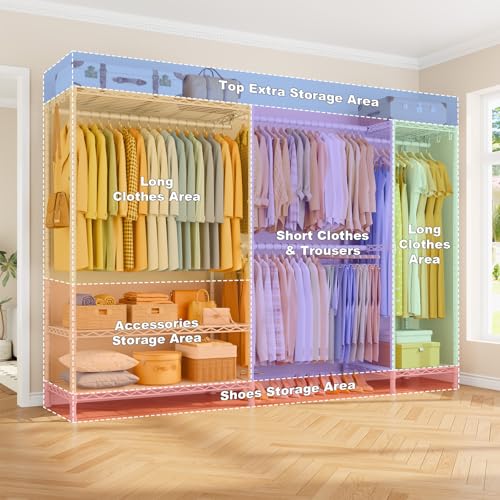 Heavy-Duty Garment Rack, Adjustable Clothing Racks Hanging Clothes | E17 Freestanding Metal Closet System, Clothing Storage and Organizer with Wire Shelves, (78-102.7)”W x 15.7”D x 76.6”H, White - color: White