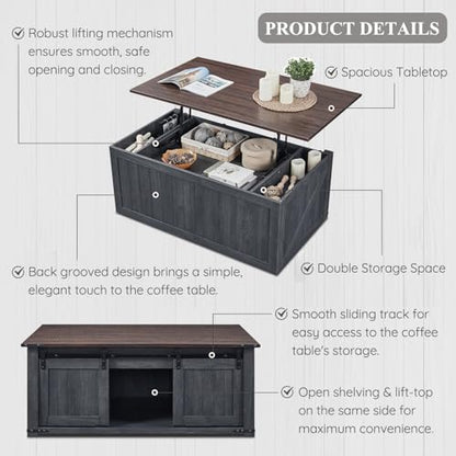 IFGET 48" Lift Top Coffee Table, Farmhouse Cocktai with Sliding Groove Barn Door, Rustic Wood Center Table w/Double Storage Spaces for Living Room, Dark Grey - color: Dark Grey