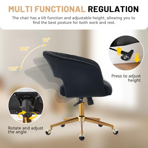 Vanity Chair with Back 360 Swivel Armchair and Gold Base, Criss Cross Chair with Wheels for Vanity Home Office, Living Room, Bedroom and Study (Black) - color: Black