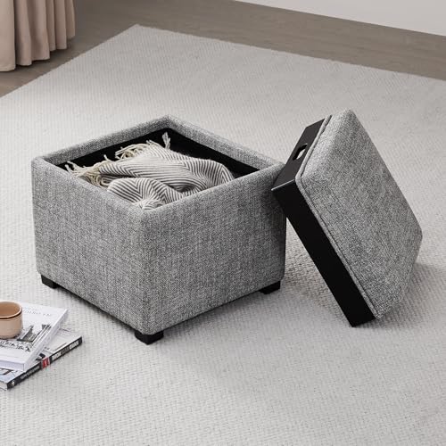 CHITA Storage Ottoman Cube with Tray Lid, Small Footstool with Storage, Square End Table for Living Room and Bedroom, Fabric in Pebble Grey - color: Pebble Grey