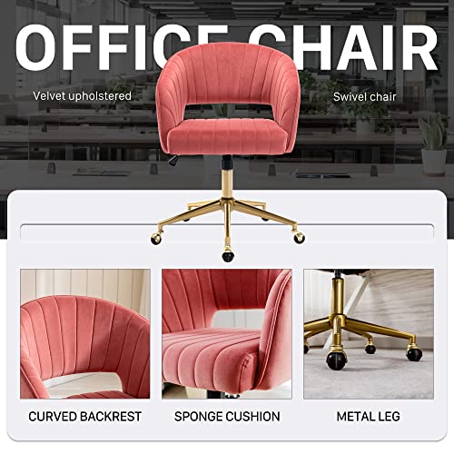 Vanity Chair Velvet Desk Chair with Gold Base for Living Room,Rose | Accent Armchair Upholstered Modern Tufted Chairs for Girls Women Ergonomic Study Seat Computer Task Stools for Bedroom - color: Rose