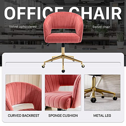 Vanity Chair Velvet Desk Chair with Gold Base for Living Room,Rose | Accent Armchair Upholstered Modern Tufted Chairs for Girls Women Ergonomic Study Seat Computer Task Stools for Bedroom - color: Rose