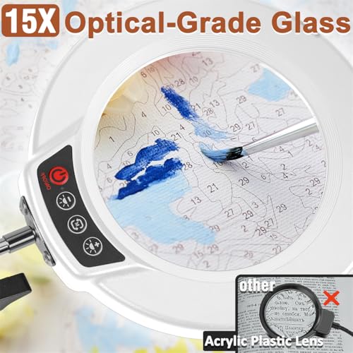 LANCOSC 15X Magnifying Glass with Light and Stand, 3-in-1 Adjustable Swing Floor Lamp, 5 Color Modes Stepless Dimmable, LED Lighted Hands Free Magnifier & Clamp for Reading, Crafts, Painting - White - color: White