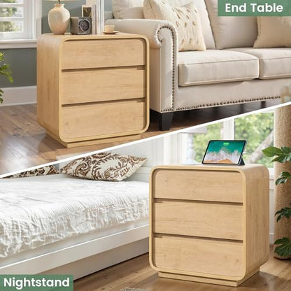 Standifurno Natural Curved Nightstand Set of 2, 23.2" Large Wood Bedside Table with 3 Drawers, Charging Station, Modern Side Table, Mid-Century End Table Night Stand for Bedroom Sofa - color: Natural, size: 3 Drawer(2PC)