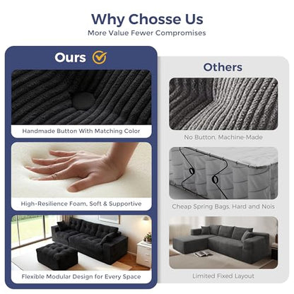 MAXYOYO Boneless Couch, 96-Inch L-Shaped Cloud Couch with Ottoman | Black Layered Cushioning and Flexible Modules Create an Upholstered Sofa in a Box with No Assembly for Spacious Living Rooms. - color: Black, size: 96" L Shape
