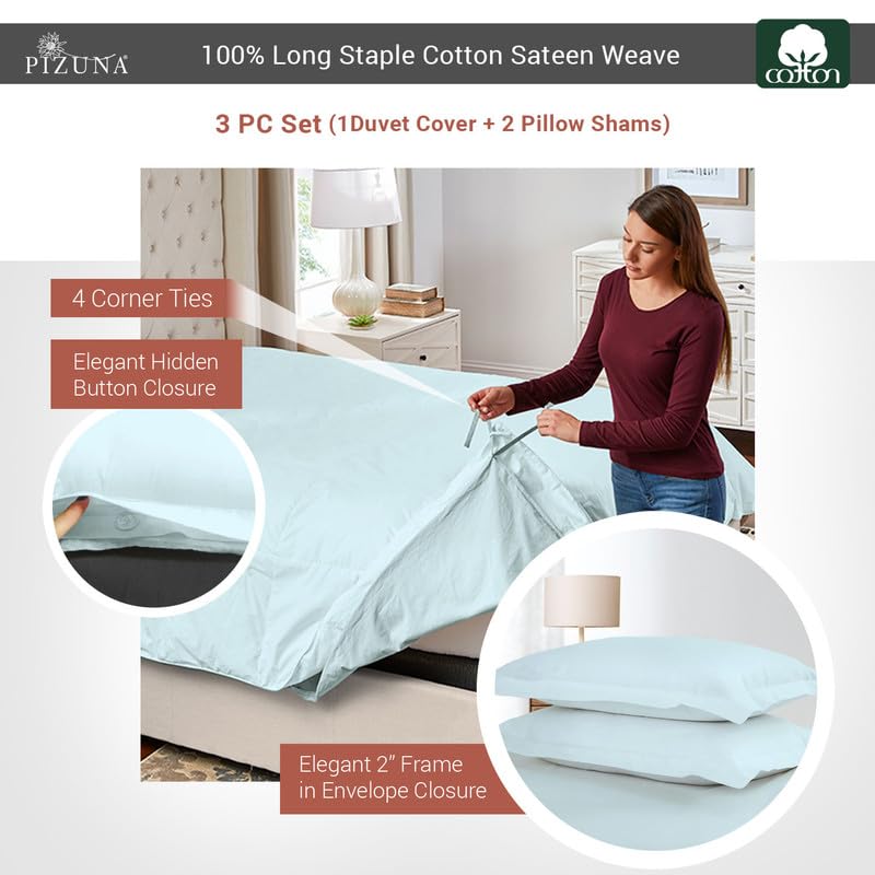 Pizuna 100% Cotton Queen Duvet Cover Set 400 Thread Count Baby Blue | Long Staple Combed Cotton Sateen Weave 3 Piece Luxurious Cool Queen Comforter Cover with Hidden Button Closure - color: 11 Baby Blue, size: Queen