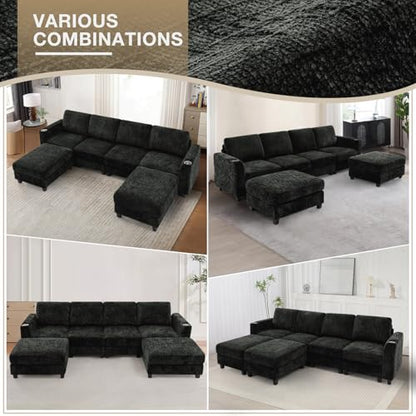 110" Convertible U-Shape Couch with 2 Flexible Ottomans, Black | Soft Sectional Sofa with Durable Cup Holders, Chenille 4 Seater Sofa with Well-Filled Backrest for Living Room, House - color: Black, size: 110" U-Shape