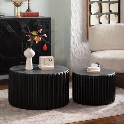 46.46'' White Round Coffee Table Set of 2, Modern Circle Fluted Drum Nesting Elegnant Coffee Table for Living Room, No Assembly, Black - color: M5-46.46in-black