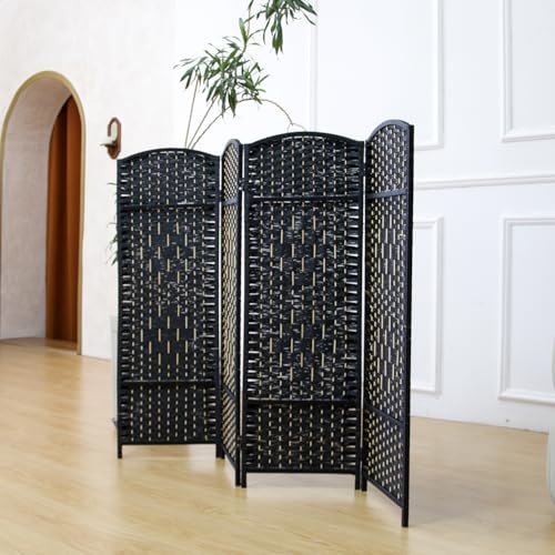4-Panel Short Room Divider, 3.9 ft Freestanding Partition Wall, Natural Black Rattan Double-Sided Folding Screen for Living Room, Bedroom & Corner Privacy - color: Black, size: 4 Panel