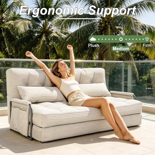 Futon Sofa Bed,Convertible Sofa Bed,Folding Boneless Couches | 3-in-1 Folding Sofa Bed,Boneless Couches for Living Room with Pillow & Side Pocket,High-density Foam,Double Sleeper,Beige - color: Beige, size: Full