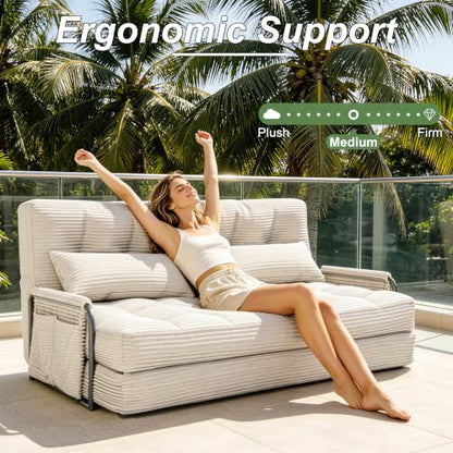 Futon Sofa Bed,Convertible Sofa Bed,Folding Boneless Couches | 3-in-1 Folding Sofa Bed,Boneless Couches for Living Room with Pillow & Side Pocket,High-density Foam,Double Sleeper,Beige - color: Beige, size: Full