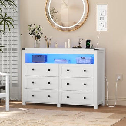 White Dresser 6 Drawer Dressers for Bedroom with LED Lights, Charging Station, Wood Chest of Drawers with Metal Handles, Modern TV Stand Storage Cabinet for Living Room, Hallway, Entryway - color: White, style: LED 6 Drawers