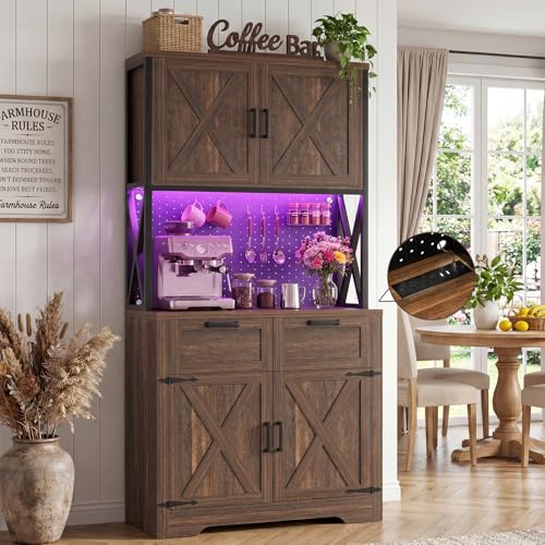 Unikito 71" Tall Kitchen Pantry Storage Cabinet with Microwave Countertop | Weathered Brown, Freestanding Pantry Cabinet Hutch with Charging Station & LED Lights, Drawers & Pegboard for Dining Room - color: Weathered Brown, size: 32 Inch