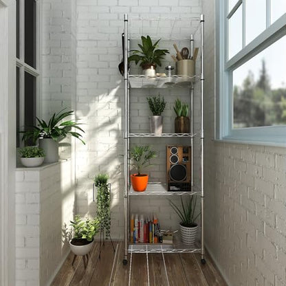 Homdox 5 Tier Steel Wire Shelving Unit on Wheels,Chrome Shelves for Garage Kitchen Living Room,Heavy Duty Shelving Rack, 23.2 x 13.8 x 72 inch (L x W x H) - color: Silver, size: 23.23*13.78*72.05 inch