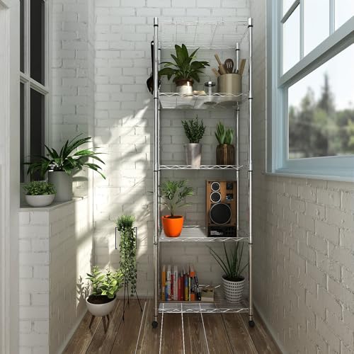 Homdox 5 Tier Steel Wire Shelving Unit on Wheels,Chrome Shelves for Garage Kitchen Living Room,Heavy Duty Shelving Rack, 23.2 x 13.8 x 72 inch (L x W x H) - color: Silver, size: 23.23*13.78*72.05 inch