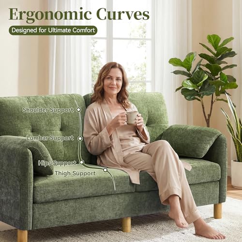 Mid Century Modern Couch, 65" Loveseat Sofa, Green | Storage Pockets, Upholstered Small Loveseat for Small Spaces, Bedroom, Home Office, Apartments - color: Green