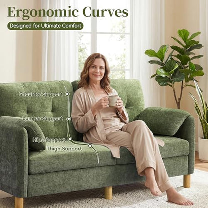 Mid Century Modern Couch, 65" Loveseat Sofa, Green | Storage Pockets, Upholstered Small Loveseat for Small Spaces, Bedroom, Home Office, Apartments - color: Green