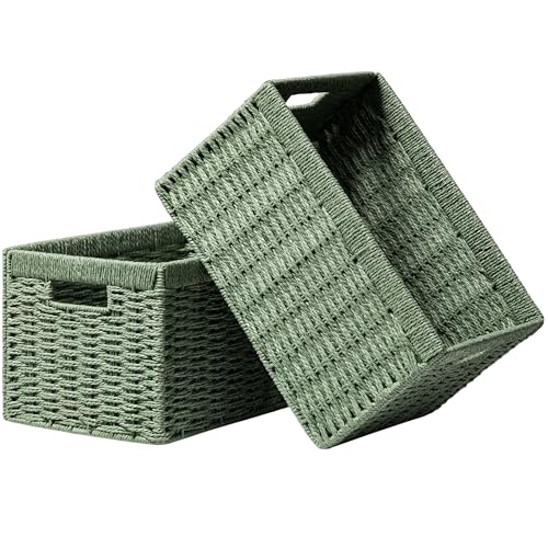 UBBCARE 2 Pack Wicker Basket, 13.4L×8.3H×7.1W inch Woven Paper Rope Storage Baskets for Shelves, Foldable Rectangular Storage Baskets with Handle, Storage Basket for Organizing, Green - color: Green, size: Rectangular- 2pack 13.4"×8.3"×7.1"