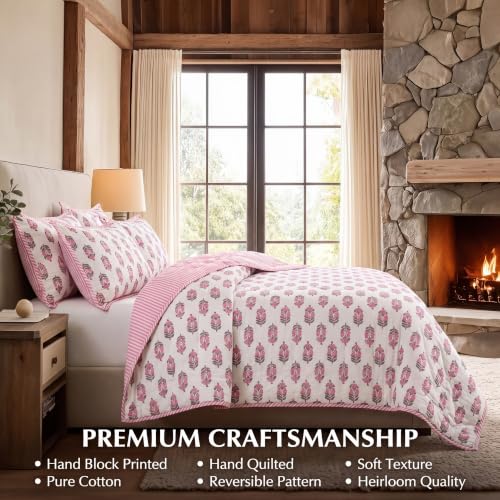 Block Print Reversible Cozy Quilt Punch Pink Twin 60" X 90" Lightweight Blanket for Sofa, Couch, Bed Soft Breathable Comforter Handmade Bedspread Duvet for Farmhouse, Home, Winter - color: Punch Pink, size: Twin 60" X 90"