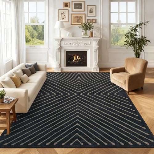 ROYHOME Area Rug 9x12 Living Room Rug Non Slip Modern Bedroom Soft Carpet | Non Slip Low Pile Dining Room Throw Rug Modern Striped Soft Geometric Ofiice Rug for Classroom Nursery Kidsroom Dorm, Black - color: Black/Tan, size: 9' x 12' (Rectangular)