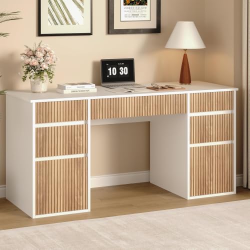 White Desk with Drawers, 58 Inch Executive Desk with File Cabinet | 7 Storage Drawers, Modern Fluted Design, Handleless Drawers, for Bedroom, Study Room, Home Office - color: White and Walnut, size: 58 Inch