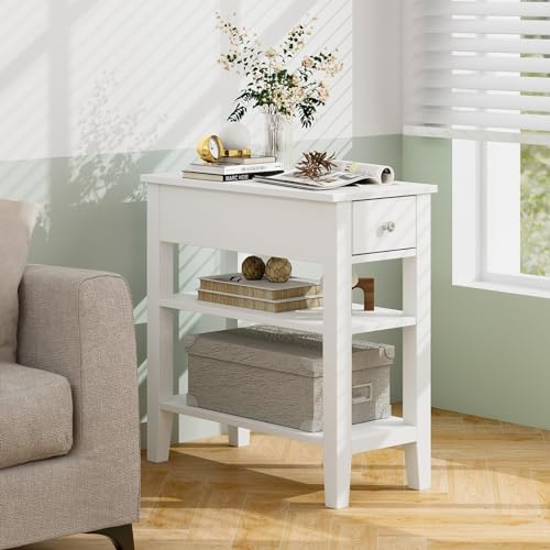 Narrow Side Table, 3-Tier Bedside Table with Drawer and Shelves, Tall Skinny Nightstand for Living Room, Bedroom, Small End Table for Small Spaces (2, White)