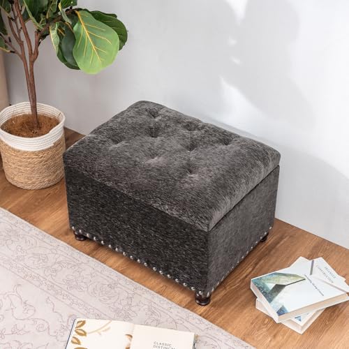 Storage Ottoman Bench, Rectangle 24" Velvet Foot Rest Stool Square Footstool for Living Room, Bedroom, Charcoal Grey - color: Charcoal Grey