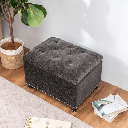 Storage Ottoman Bench, Rectangle 24" Velvet Foot Rest Stool Square Footstool for Living Room, Bedroom, Charcoal Grey - color: Charcoal Grey