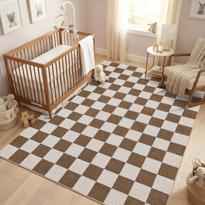 GarveeHome Checkered Light Brown 2x6 Washable Low-Pile Kitchen Runner Rug | Non-Slip Terracotta Brown Stain Resistant Rug for Kitchen Entryway Bedroom Bathroom Geometric Modern Rug TPE Backing - color: Terracotta Brown, size: 2' x 6' (Rectangular)