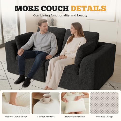 Luxanimarion 85'' Loveseat Sofa, Cloud Boneless Couches for Living Room, 2 Seater Modular Sectional Sofa,Oversized,Black Chenille - color: Black, size: Love Seat