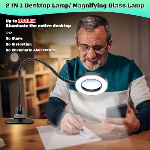 10X Magnifying Glass with Light, Clip on Mganifier with Light, 48 LED Desk Magnifying Glass wtih Clamp, 3 Modes Dimmable Magnifying LED Lamps for Bed Work Crafts DIY Repair Black - color: Black