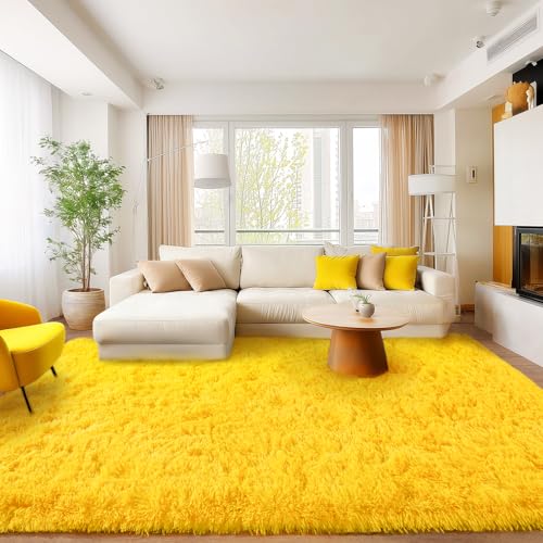 Area Rugs for Living Room Bedroom 9x12, Yellow Ultra Fluffy Fuzzy Shag Rug | Modern Soft Shaggy Rug Carpet Upgrade Non Slip Indoor Plush Rug for Bedroom Boy Girls Room Dorm Office Home Aesthetic Decor - color: Yellow, size: 9' x 12' (Rectangular)