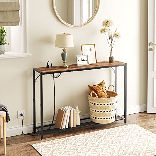 MAHANCRIS 43.7" Console Table with Outlet, Narrow Sofa Table with 2 Shelf | 2 Tier Behind Couch Table, Charging Station, Steel Frame, for Entryway, Living Room, Foyer, Hallway, Office, Rustic Brown - color: Rustic Brown