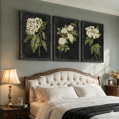 Vintage Framed Hydrangea Floral Wall Art for Living Room, 3 Piece Large Retro Botanical Canvas Print Paintings, Dark Black Classic Flower Pictures Artwork Decor for Bedroom Hallway 24x36 Inch - color: black yellow, size: 24W" x 36H"x3Pcs