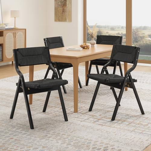 Wood Folding Chairs Set of 4, Foldable Chairs Wooden Indoor Stackable Dining Chairs for Kitchen & Dining Room Chair Woven Seat & Webbing Back