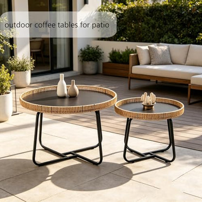 Round Woven Nesting Table, Wicker Coffee Table and Side Table Set of 2 | Metal Legs, for Living Room\ Outdoor\ Bedroom\ Office\ Balcony\ Patio, with Lip on Top
